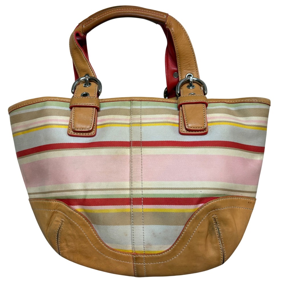 Vintage Coach Striped Tote Y2K Fabric Leather Handbag 4434 - Picture 2 of 9